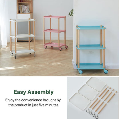 Rolling Storage Cart, 3 Tier Bathroom Organizer Mobile Shelving Unit, Metal Utility Cart Tower Rack with Beech Wood Frame for Kitchen Laundry Narrow Places(13.77"D x 19.68"W x 32.08"H, Pink)