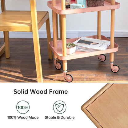 Rolling Storage Cart, 3 Tier Bathroom Organizer Mobile Shelving Unit, Metal Utility Cart Tower Rack with Beech Wood Frame for Kitchen Laundry Narrow Places(13.77"D x 19.68"W x 32.08"H, Pink)