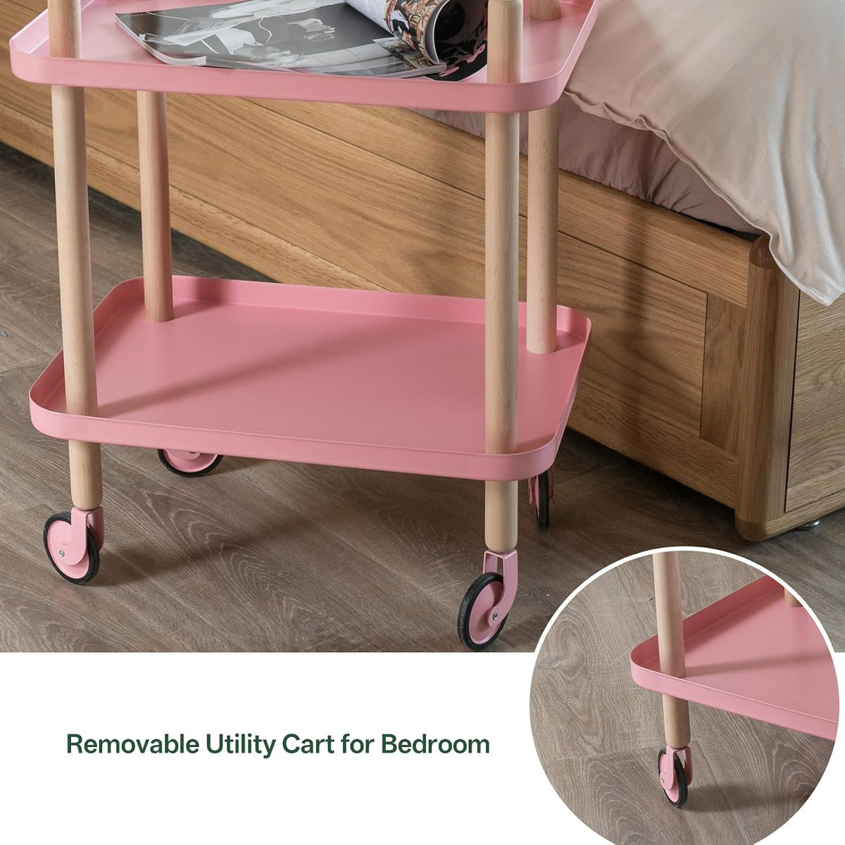 Rolling Storage Cart, 3 Tier Bathroom Organizer Mobile Shelving Unit, Metal Utility Cart Tower Rack with Beech Wood Frame for Kitchen Laundry Narrow Places(13.77"D x 19.68"W x 32.08"H, Pink)