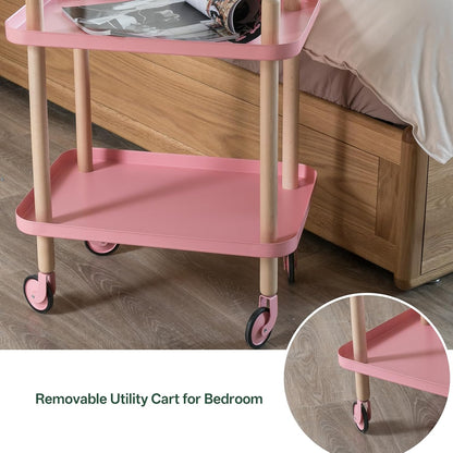 Rolling Storage Cart, 3 Tier Bathroom Organizer Mobile Shelving Unit, Metal Utility Cart Tower Rack with Beech Wood Frame for Kitchen Laundry Narrow Places(13.77"D x 19.68"W x 32.08"H, Pink)