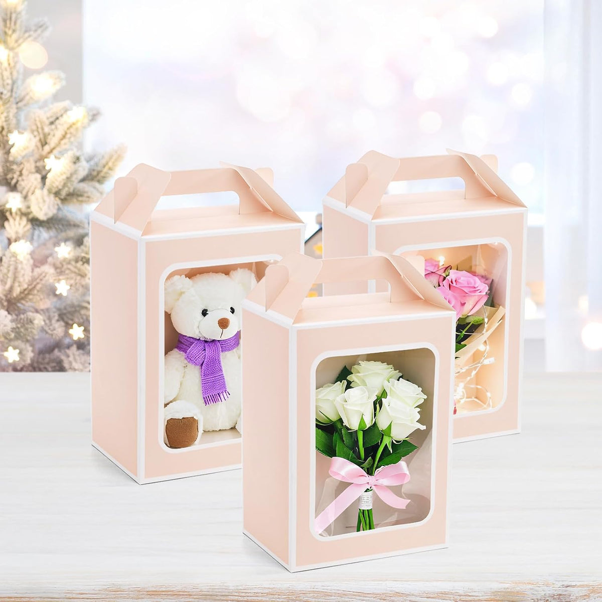 30-Pack Pink Gift Bags with Window, 9.8 Inches Tall Clear Favor Boxes, See Through Bag for Gifts, Party Favors, Weddings, Bridal Shower