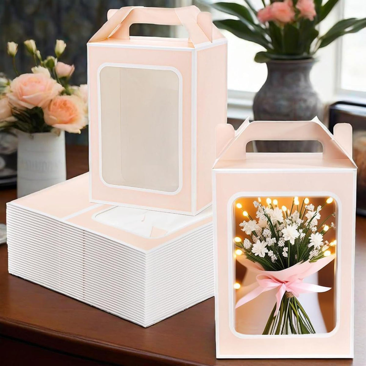 30-Pack Pink Gift Bags with Window, 9.8 Inches Tall Clear Favor Boxes, See Through Bag for Gifts, Party Favors, Weddings, Bridal Shower