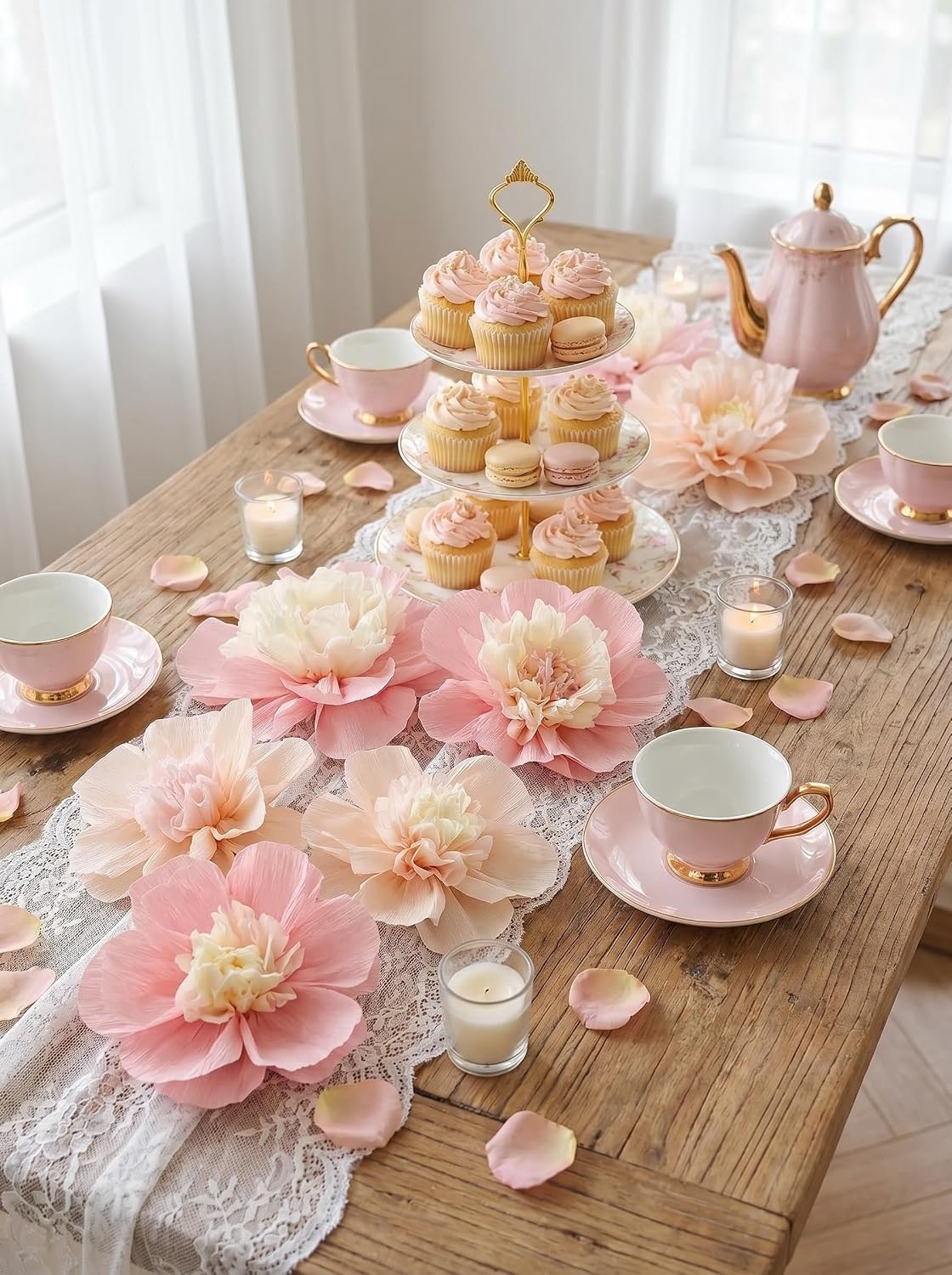 Pink Blush Peach Crepe Paper Flower for Wall Decor Girls Birthday Party Backdrop Baby Shower Nursery Room Decoration Pack of 9