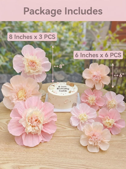 Pink Blush Peach Crepe Paper Flower for Wall Decor Girls Birthday Party Backdrop Baby Shower Nursery Room Decoration Pack of 9