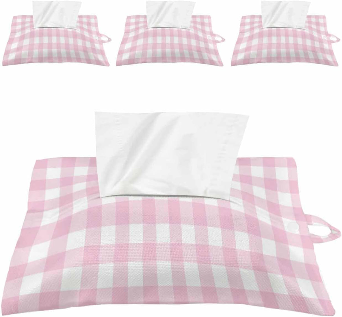 Tissues Box Cover Peach Pink Buffalo Checked Plaid Tissue Holder with Hanging Linen Organizer Dispenser Classic Grid Tissues Box Covers Rectangle for Bathroom Toilet Car Kitchen Tabletop Decor 4 PCS