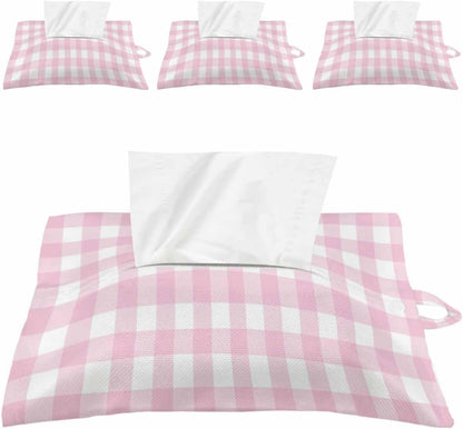 Tissues Box Cover Peach Pink Buffalo Checked Plaid Tissue Holder with Hanging Linen Organizer Dispenser Classic Grid Tissues Box Covers Rectangle for Bathroom Toilet Car Kitchen Tabletop Decor 4 PCS