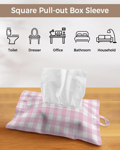 Tissues Box Cover Peach Pink Buffalo Checked Plaid Tissue Holder with Hanging Linen Organizer Dispenser Classic Grid Tissues Box Covers Rectangle for Bathroom Toilet Car Kitchen Tabletop Decor 4 PCS