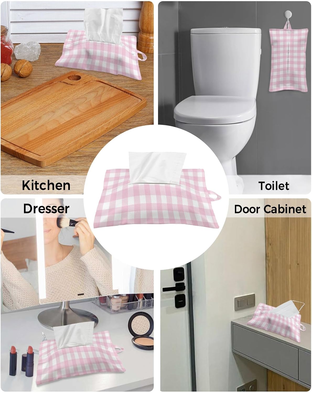 Tissues Box Cover Peach Pink Buffalo Checked Plaid Tissue Holder with Hanging Linen Organizer Dispenser Classic Grid Tissues Box Covers Rectangle for Bathroom Toilet Car Kitchen Tabletop Decor 4 PCS