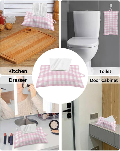 Tissues Box Cover Peach Pink Buffalo Checked Plaid Tissue Holder with Hanging Linen Organizer Dispenser Classic Grid Tissues Box Covers Rectangle for Bathroom Toilet Car Kitchen Tabletop Decor 4 PCS