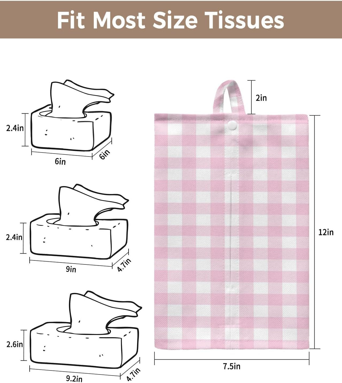 Tissues Box Cover Peach Pink Buffalo Checked Plaid Tissue Holder with Hanging Linen Organizer Dispenser Classic Grid Tissues Box Covers Rectangle for Bathroom Toilet Car Kitchen Tabletop Decor 4 PCS