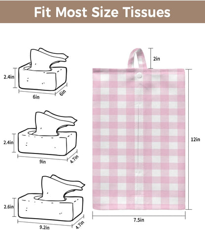 Tissues Box Cover Peach Pink Buffalo Checked Plaid Tissue Holder with Hanging Linen Organizer Dispenser Classic Grid Tissues Box Covers Rectangle for Bathroom Toilet Car Kitchen Tabletop Decor 4 PCS