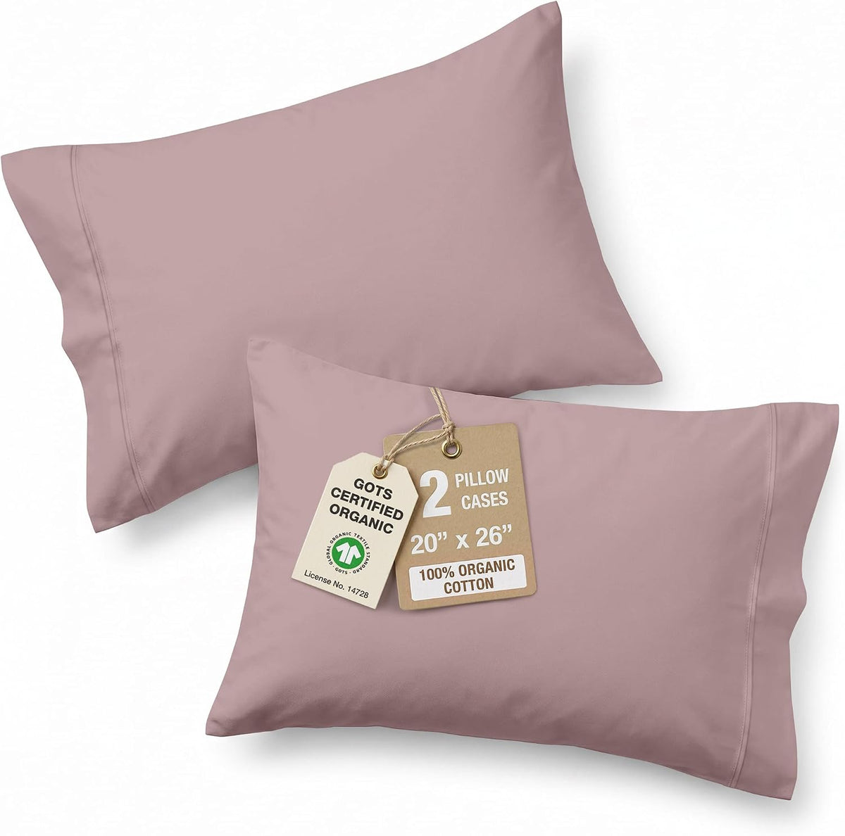 100% Organic Cotton King Size Pillow Cases Set of 2 (20"x36") - Certified Organic Cotton Pillowcases - King Pillow Cases Set of 2 - Pink Dusty Rose
