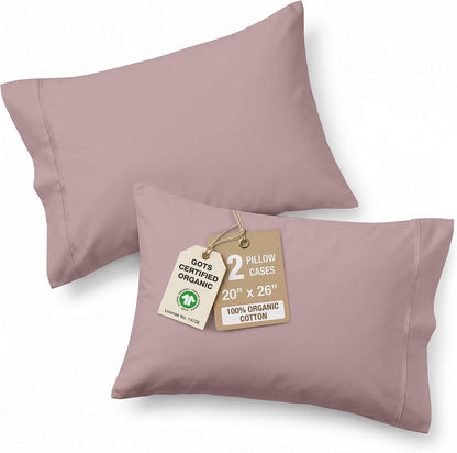 100% Organic Cotton King Size Pillow Cases Set of 2 (20"x36") - Certified Organic Cotton Pillowcases - King Pillow Cases Set of 2 - Pink Dusty Rose