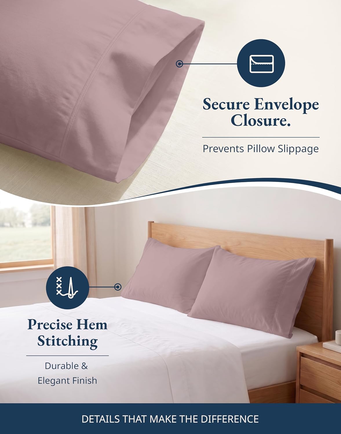 100% Organic Cotton King Size Pillow Cases Set of 2 (20"x36") - Certified Organic Cotton Pillowcases - King Pillow Cases Set of 2 - Pink Dusty Rose