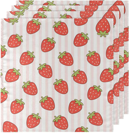 Pink Striped Strawberry Pattern Cloth napkins-4-pack 20 * 20 inch Reusable,Ultra Soft Fabric Napkins Suitable for Family Gatherings,Holiday Parties,Restaurants,and Home Decor.
