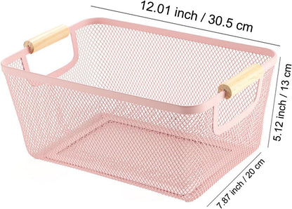 Metal Mesh Steel Basket, Medium Wire Storage Organizer Basket Multi-function Hanging Kitchen Basket with Wood Handle for Kitchen Bathroom Picnic Home, Rectangle-Pink
