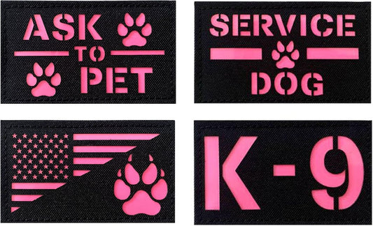4 Pack Reflective Service Dog Ask to Pet k-9 Tactical Patchs Hook-Fastener Backing (Glow in Dark-Mix-Pink)