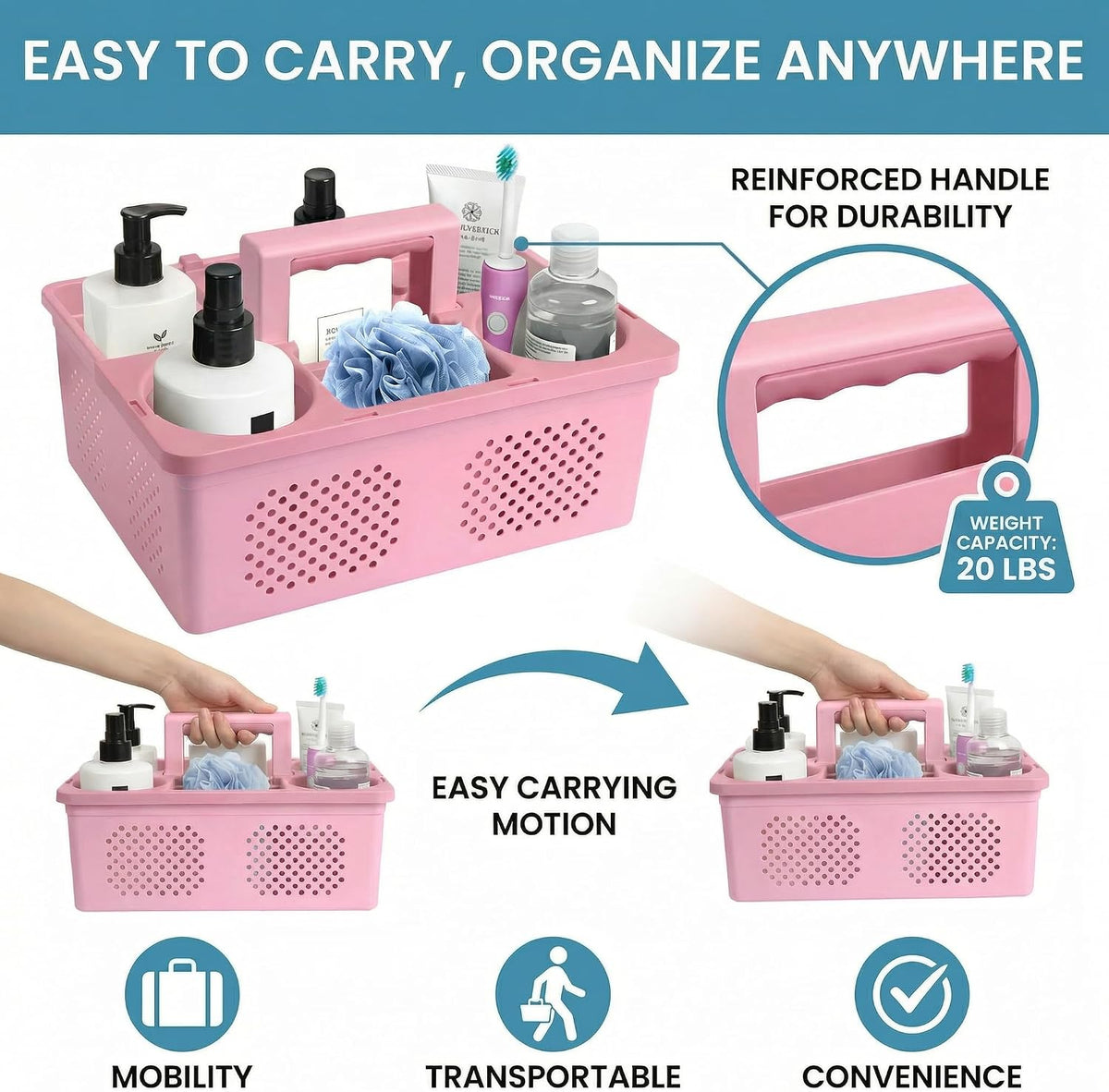 Dorm Room Portable Shower Caddy with Adjustable Compartments - Ventilated Drainage Design with Handles, Perfect Toiletries Organizer for College Dorms-pink
