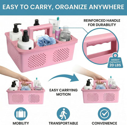 Dorm Room Portable Shower Caddy with Adjustable Compartments - Ventilated Drainage Design with Handles, Perfect Toiletries Organizer for College Dorms-pink
