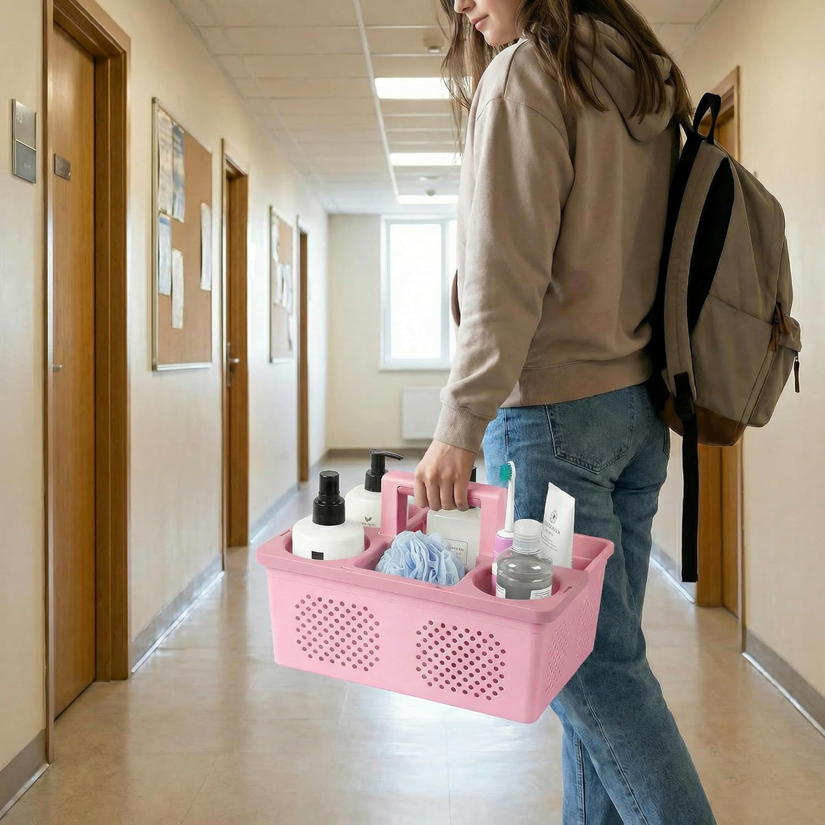 Dorm Room Portable Shower Caddy with Adjustable Compartments - Ventilated Drainage Design with Handles, Perfect Toiletries Organizer for College Dorms-pink