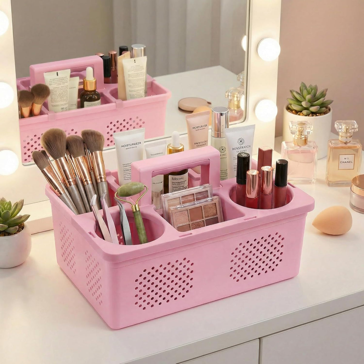 Dorm Room Portable Shower Caddy with Adjustable Compartments - Ventilated Drainage Design with Handles, Perfect Toiletries Organizer for College Dorms-pink