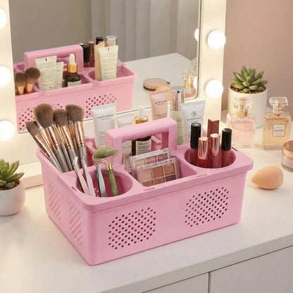 Dorm Room Portable Shower Caddy with Adjustable Compartments - Ventilated Drainage Design with Handles, Perfect Toiletries Organizer for College Dorms-pink