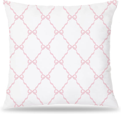Coquette Pink Bow Pillow Covers 18x18, Preppy Block Print Pillow Covers, Preppy Room Decor, Girly Bedroom Decor, Coquette Stuff
