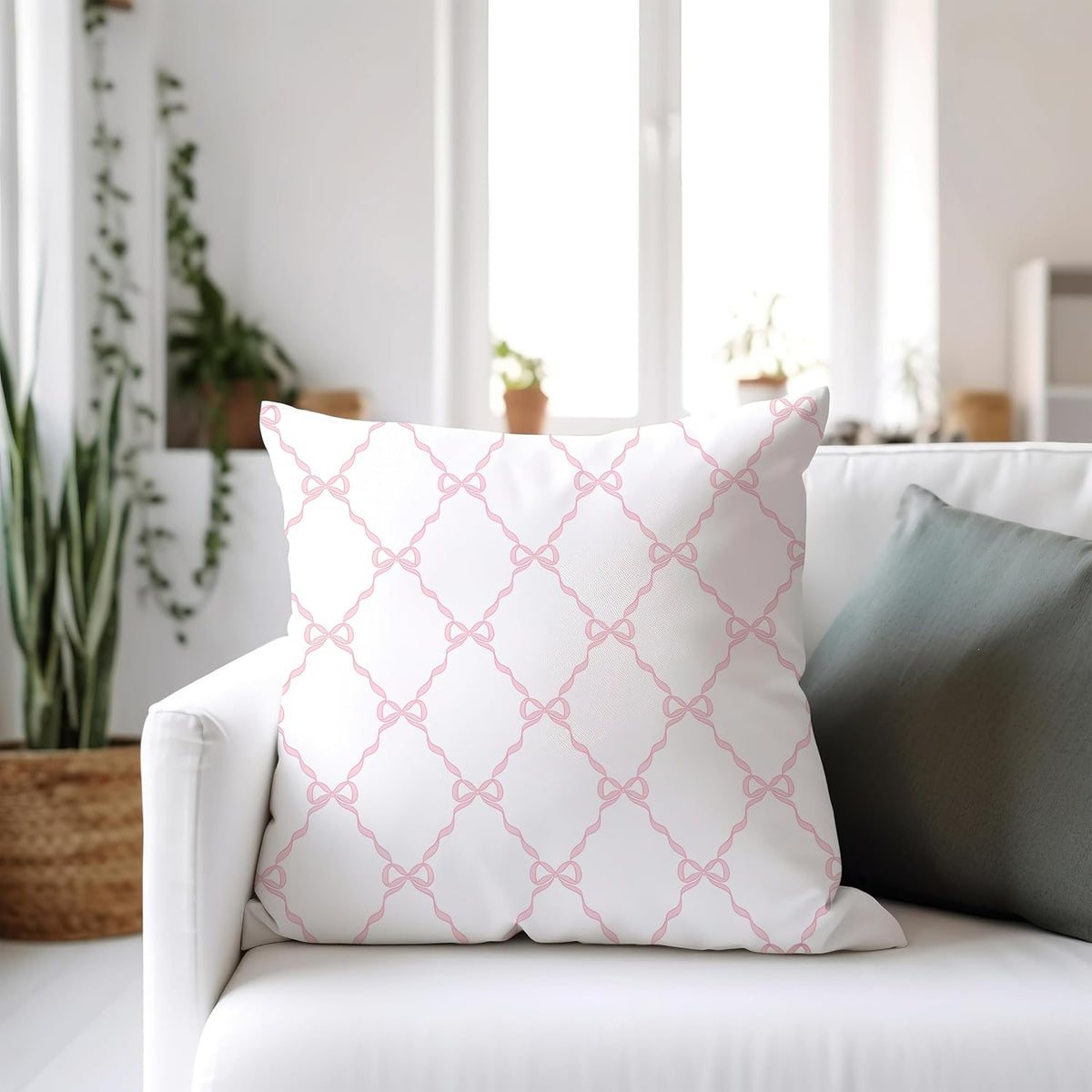 Coquette Pink Bow Pillow Covers 18x18, Preppy Block Print Pillow Covers, Preppy Room Decor, Girly Bedroom Decor, Coquette Stuff