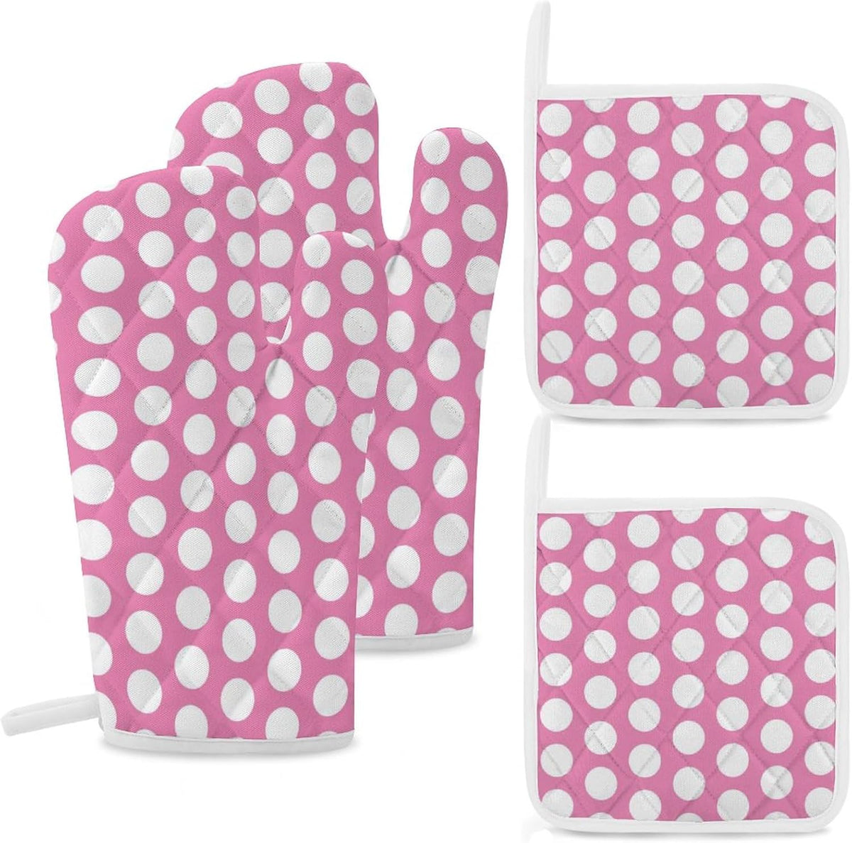 4PCS Oven Mitts and Pot Holders Sets, Light Pink White Polka Dot Oven Mitts Set Heat Resistant Kitchen Microwave Gloves Safe for Baking,Cooking, BBQ