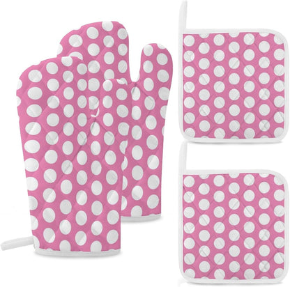 4PCS Oven Mitts and Pot Holders Sets, Light Pink White Polka Dot Oven Mitts Set Heat Resistant Kitchen Microwave Gloves Safe for Baking,Cooking, BBQ