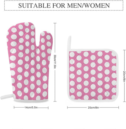 4PCS Oven Mitts and Pot Holders Sets, Light Pink White Polka Dot Oven Mitts Set Heat Resistant Kitchen Microwave Gloves Safe for Baking,Cooking, BBQ