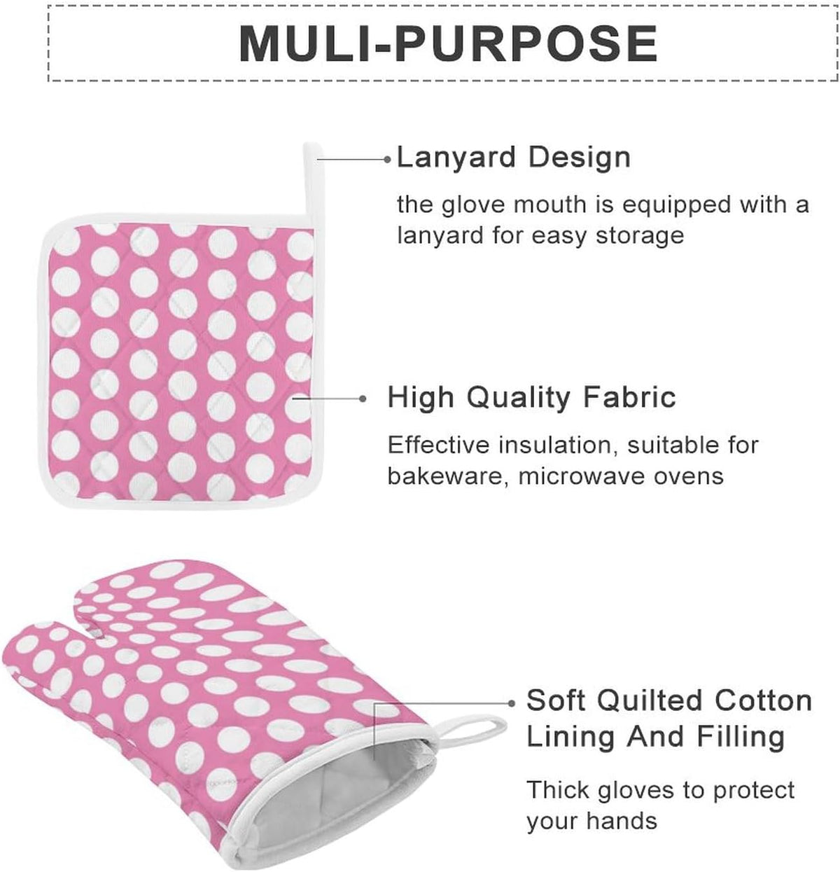4PCS Oven Mitts and Pot Holders Sets, Light Pink White Polka Dot Oven Mitts Set Heat Resistant Kitchen Microwave Gloves Safe for Baking,Cooking, BBQ