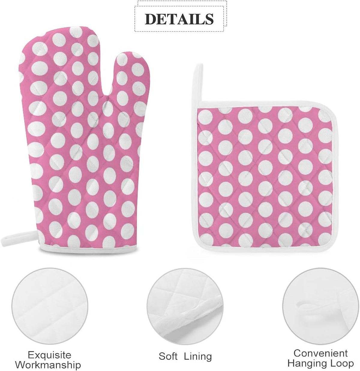 4PCS Oven Mitts and Pot Holders Sets, Light Pink White Polka Dot Oven Mitts Set Heat Resistant Kitchen Microwave Gloves Safe for Baking,Cooking, BBQ