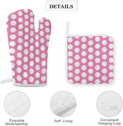 4PCS Oven Mitts and Pot Holders Sets, Light Pink White Polka Dot Oven Mitts Set Heat Resistant Kitchen Microwave Gloves Safe for Baking,Cooking, BBQ