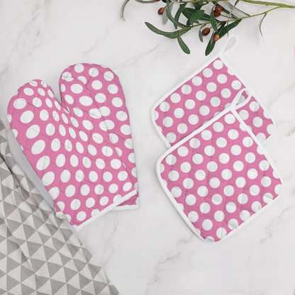 4PCS Oven Mitts and Pot Holders Sets, Light Pink White Polka Dot Oven Mitts Set Heat Resistant Kitchen Microwave Gloves Safe for Baking,Cooking, BBQ