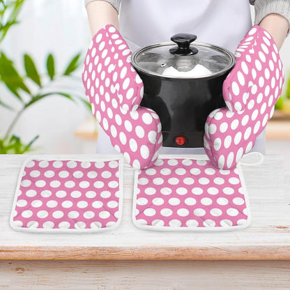 4PCS Oven Mitts and Pot Holders Sets, Light Pink White Polka Dot Oven Mitts Set Heat Resistant Kitchen Microwave Gloves Safe for Baking,Cooking, BBQ