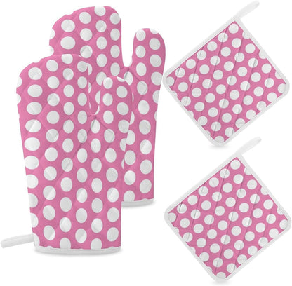 4PCS Oven Mitts and Pot Holders Sets, Light Pink White Polka Dot Oven Mitts Set Heat Resistant Kitchen Microwave Gloves Safe for Baking,Cooking, BBQ