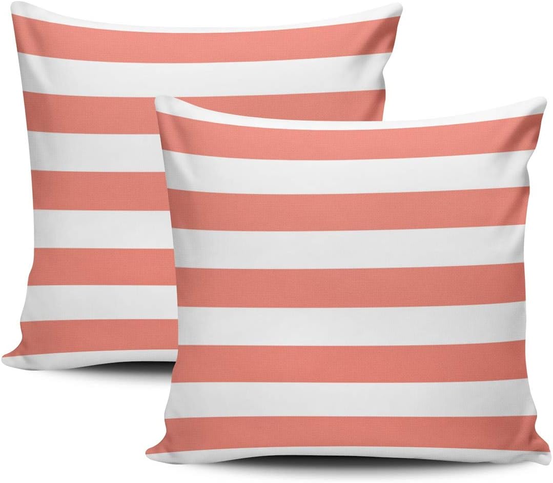 Home Set of 2 Pillow Case White Coral Nautical Stripes Outdoor Throw Pillow Covers Cushion Decorative Pillowcase Square 20 x 20 Inches