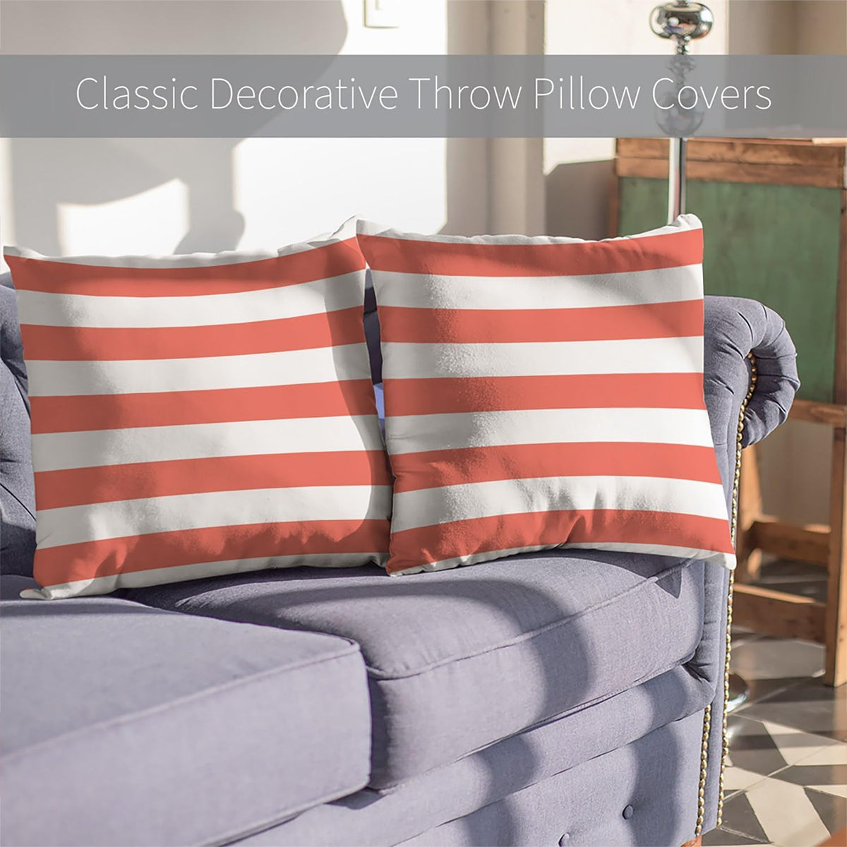 Home Set of 2 Pillow Case White Coral Nautical Stripes Outdoor Throw Pillow Covers Cushion Decorative Pillowcase Square 20 x 20 Inches