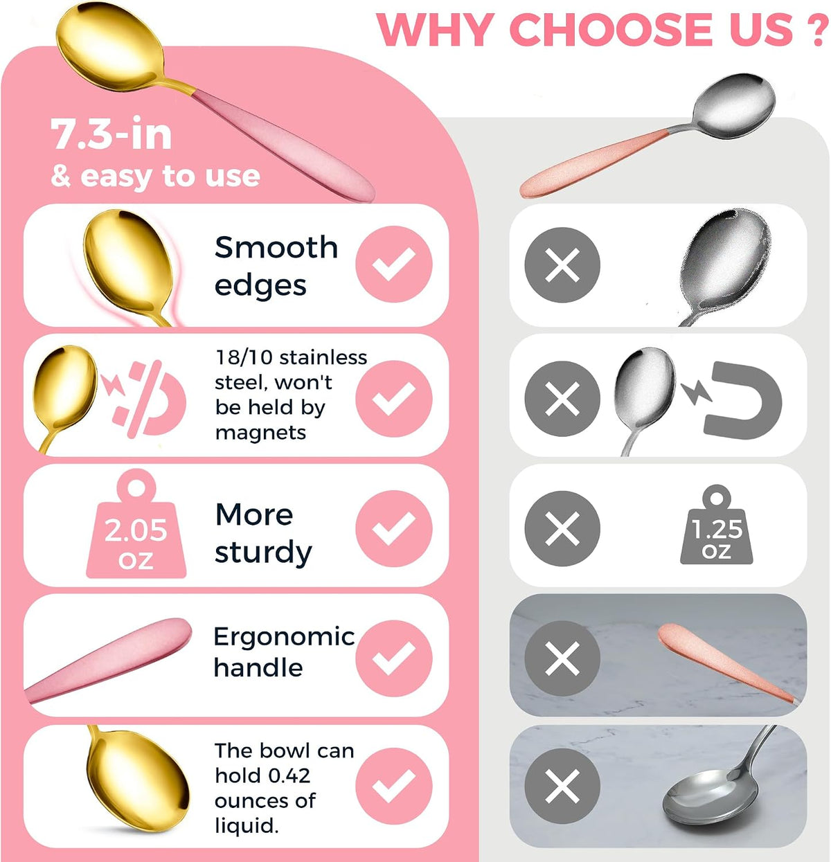 18/10 Stainless Steel Soup Spoons, 7.3-in Deep Round Soup Thick Pink Gold Gifted Spoons, Suitable for Cereal Bouillon Milk Soup Hot Chocolate Dinner Guest, Pack of 4