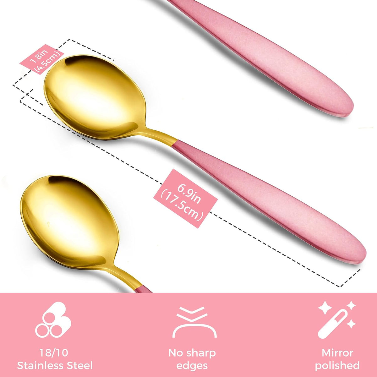 18/10 Stainless Steel Soup Spoons, 7.3-in Deep Round Soup Thick Pink Gold Gifted Spoons, Suitable for Cereal Bouillon Milk Soup Hot Chocolate Dinner Guest, Pack of 4