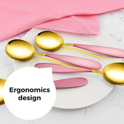 18/10 Stainless Steel Soup Spoons, 7.3-in Deep Round Soup Thick Pink Gold Gifted Spoons, Suitable for Cereal Bouillon Milk Soup Hot Chocolate Dinner Guest, Pack of 4