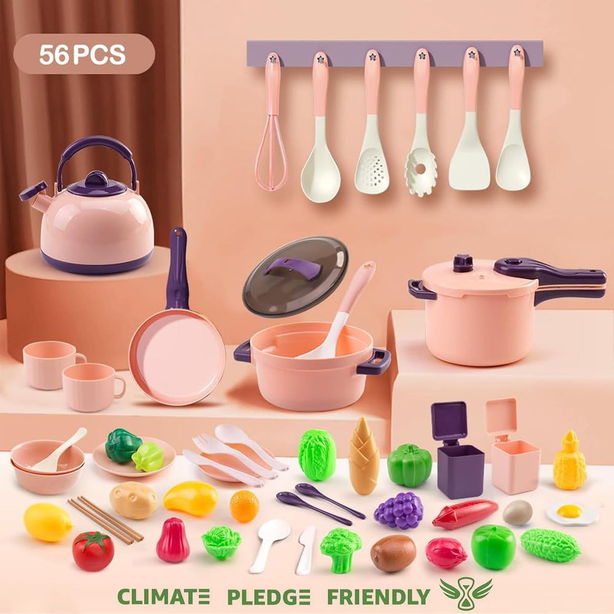 56-Piece Mini Play Kitchen Accessories for Kids Ages 3+, Pretend Cooking Playset with Cookware, Tableware & 2 Fruit Sets, Learning Gift for Girls and Boys, Pink