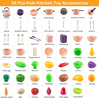 56-Piece Mini Play Kitchen Accessories for Kids Ages 3+, Pretend Cooking Playset with Cookware, Tableware & 2 Fruit Sets, Learning Gift for Girls and Boys, Pink
