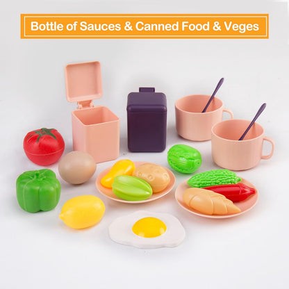 56-Piece Mini Play Kitchen Accessories for Kids Ages 3+, Pretend Cooking Playset with Cookware, Tableware & 2 Fruit Sets, Learning Gift for Girls and Boys, Pink