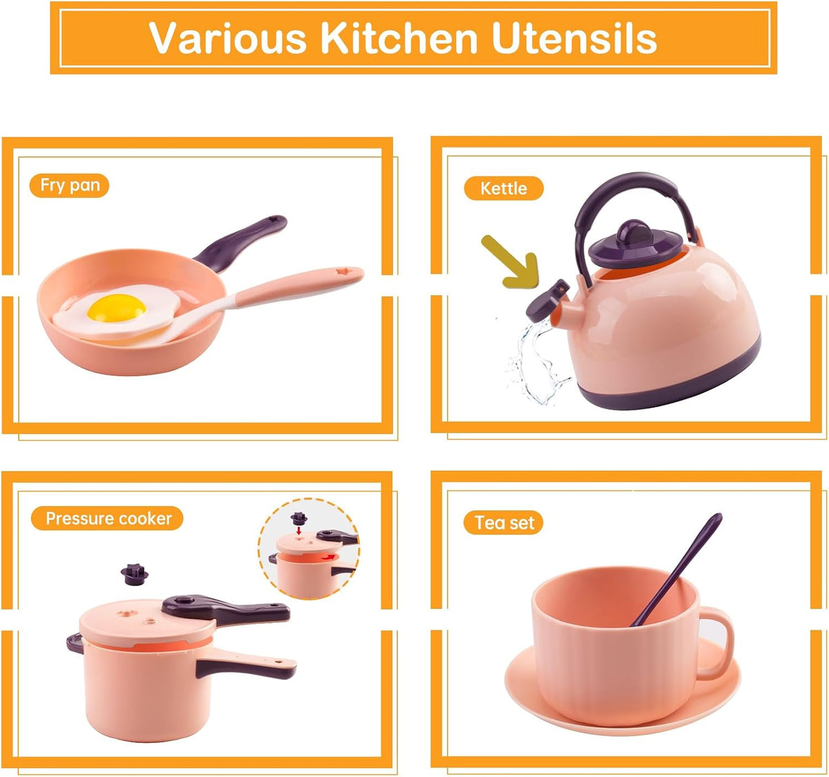 56-Piece Mini Play Kitchen Accessories for Kids Ages 3+, Pretend Cooking Playset with Cookware, Tableware & 2 Fruit Sets, Learning Gift for Girls and Boys, Pink