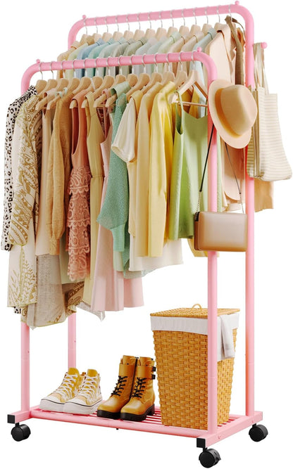 Double Rod Clothes Rack Mesh Shelf & Hooks, 28.7x16.5x59.1, Pink