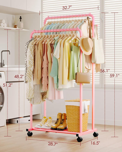 Double Rod Clothes Rack Mesh Shelf & Hooks, 28.7x16.5x59.1, Pink