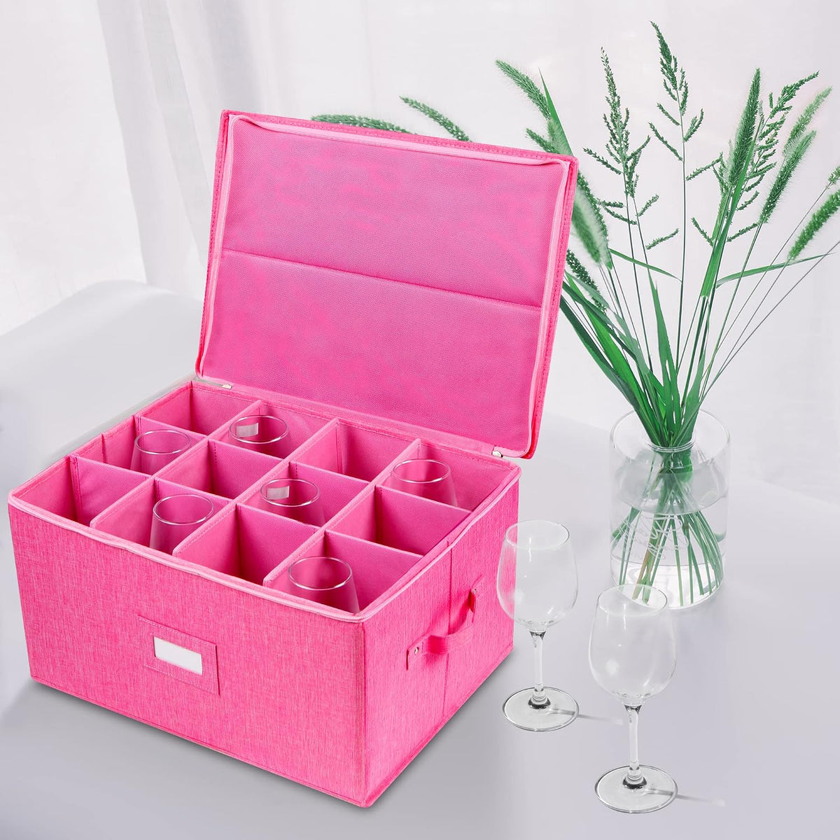 Wine Glass Storage Box, Stemware Storage Containers Cases with Dividers