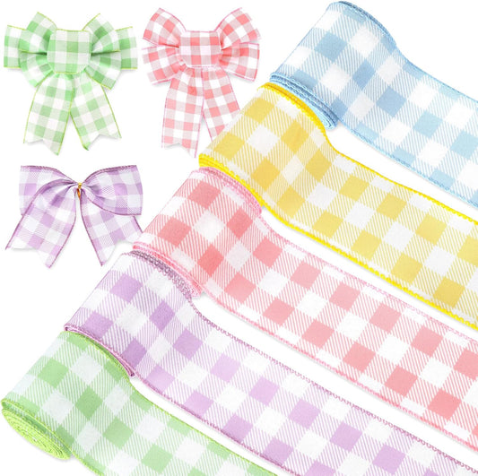 Spring Wired Edge Ribbon 30 Yards Pastel Buffalo Plaids Fabric Ribbon Light Blue Yellow Pink Purple Green Decorative Wrapping Ribbons for Easter Wreath Bow Making DIY Crafts, 5 Roll